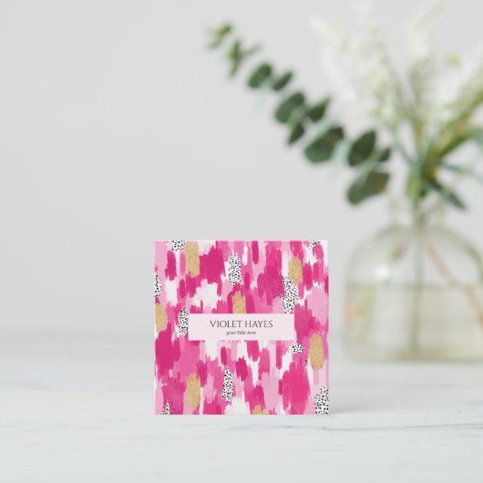 Pink Gold Schwarz-weiß Polka Dot Brush Stroke Quadratische Visitenkarte (Stehend Vorderseite)