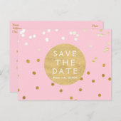 Pink & Gold Shiny Confetti Dots Save the Date Ankündigungspostkarte (Vorne/Hinten)
