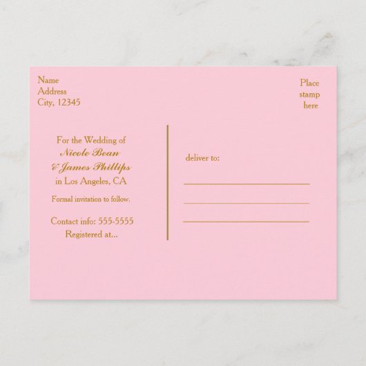 Pink & Gold Shiny Confetti Dots Save the Date Ankündigungspostkarte (Rückseite)