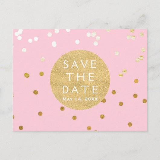 Pink & Gold Shiny Confetti Dots Save the Date Ankündigungspostkarte (Vorderseite)