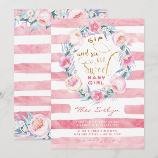 Pink & Gold Sip und Baby Shower Einladungen (Vorne/Hinten)