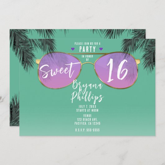 Pink & Gold Sonnenbrille Aquamarin Sommer Sweet 16 Einladung (Vorne/Hinten)