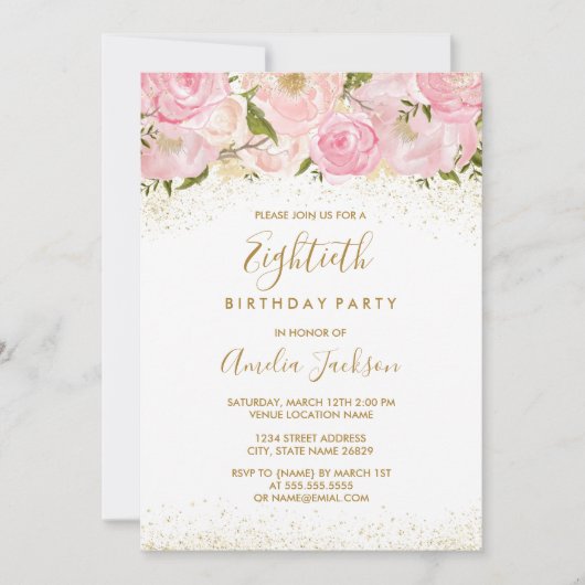 Pink Gold Sparkle Rose 80. Geburtstag Einladung (Vorderseite)