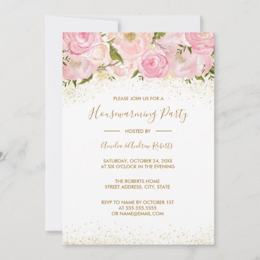 Pink Gold Sparkle Rose Housewarming Party Einladung (Vorderseite)