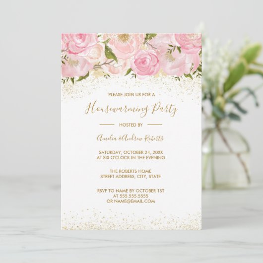 Pink Gold Sparkle Rose Housewarming Party Einladung (Stehend Vorderseite)