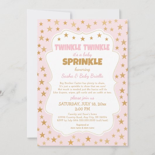 Pink Gold Stars Twinkle Baby Sprinkle 3745 Einladung (Vorderseite)