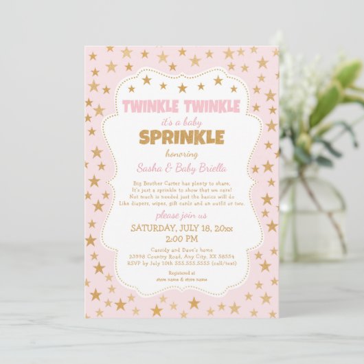 Pink Gold Stars Twinkle Baby Sprinkle 3745 Einladung (Stehend Vorderseite)