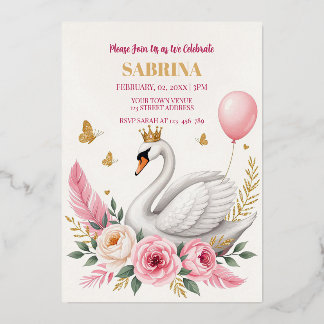 Pink Gold Swan Princess Balloon Geburtstagsparty Folieneinladung