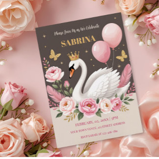 Pink Gold Swan Princess Balloon Geburtstagsparty Folieneinladung