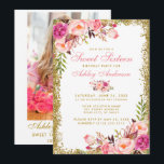 Pink Gold Sweet 16 Geburtstag Einladung - Foto zur<br><div class="desc">Aquarellfarben Rosa Blütenblüte und Gold Glitzer 16 . Geburtstag Geburtstagsparty Einladungskarte - Goldener Text - Foto Zurück</div>