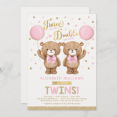Pink Gold Teddy Bear Ballon Twin Girl Baby Dusche Einladung (Vorne/Hinten)