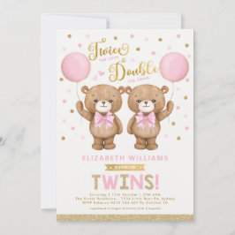 Pink Gold Teddy Bear Ballon Twin Girl Baby Dusche Einladung