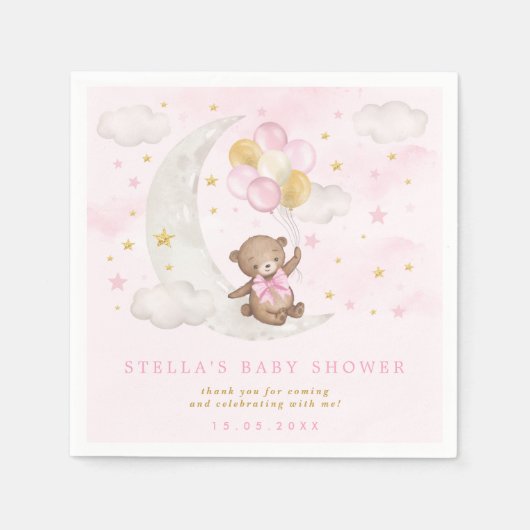 Pink Gold Teddy Bear Balloons Moon Stars Wolken Serviette (Vorderseite)