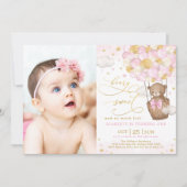 Pink Gold Teddy Bear Hot Air Ballon 1. Geburtstag Einladung (Vorderseite)