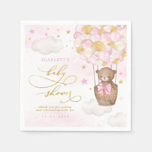 Pink Gold Teddy Bear Hot Air Ballon Baby Girl Serviette