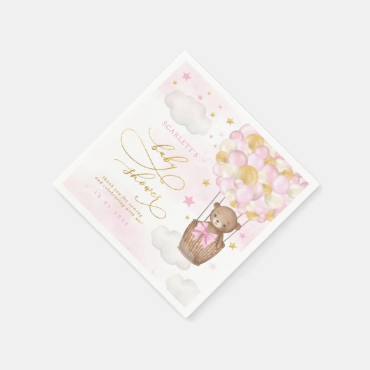 Pink Gold Teddy Bear Hot Air Ballon Baby Girl Serviette (Ecke)