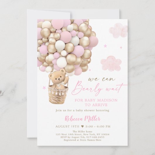 Pink Gold Teddy Bear Hot Air Ballon Babydusche Einladung (Vorderseite)