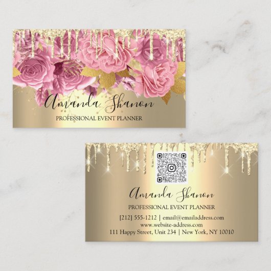 Pink Gold Tropfen Blume Logo Event Planner QRCode Visitenkarte (Vorne/Hinten)