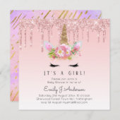 Pink Gold Tropfen Glitzer Unicorn Baby Girl Dusche Einladung (Vorne/Hinten)