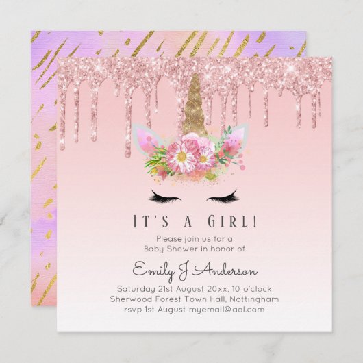 Pink Gold Tropfen Glitzer Unicorn Baby Girl Dusche Einladung (Vorne/Hinten)