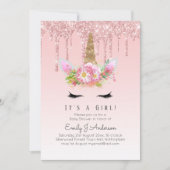 Pink Gold Tropfen Glitzer Unicorn Baby Girl Dusche Einladung (Vorderseite)