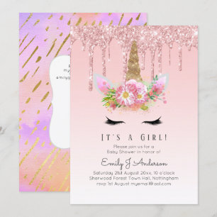 Pink Gold Tropfen Glitzer Unicorn Baby Girl Dusche Einladung