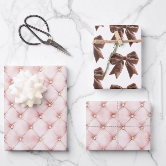 Pink Gold Tufts Brown Bow Brautparty Geschenkpapier Set (Vorderseite)