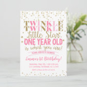 Pink & Gold Twinkle Little Star 1. Geburtstag Einladung (Stehend Vorderseite)