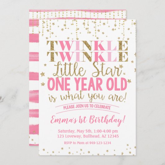 Pink & Gold Twinkle Little Star 1. Geburtstag Einladung (Vorne/Hinten)