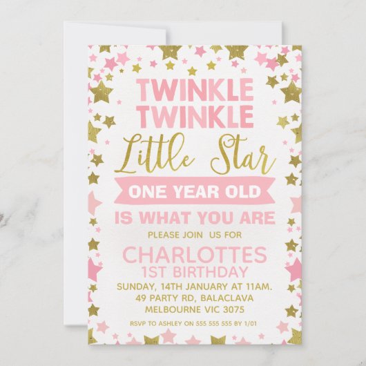 Pink Gold Twinkle Tinkle Little Star Geburtstag Einladung (Vorderseite)
