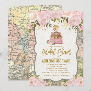 Pink Gold Vintage Reisekarte Brautparty Einladung