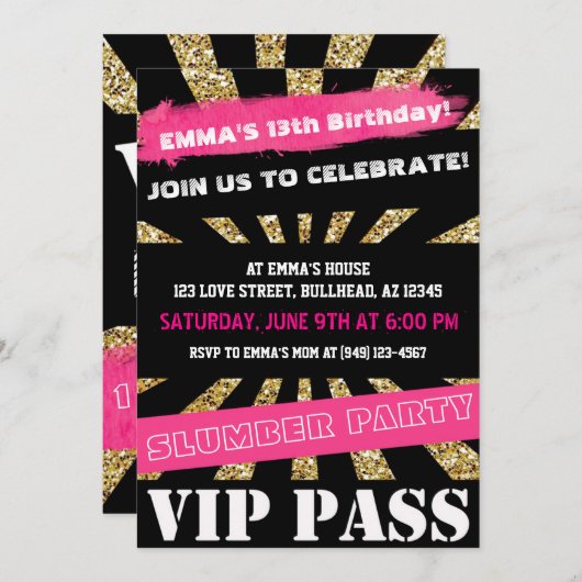 Pink & Gold VIP PASS Girls Sleepover Teenager Girl Einladung (Vorne/Hinten)