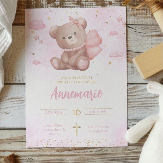 Pink Gold Wasserfarbe Niedlich Teddy Bear Christen Einladung