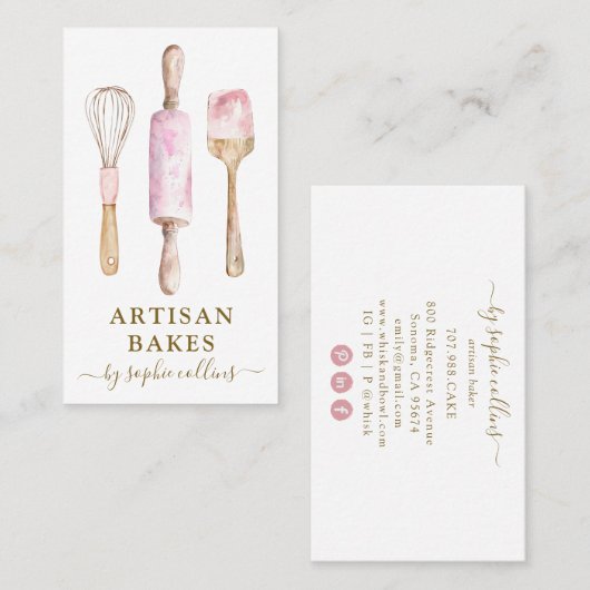 Pink Gold Watercolor Baker Pastry Chef Visitenkarte (Vorne/Hinten)