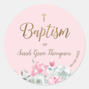 Pink Gold Watercolor Blumenjungen Mädchen Taufe Runder Aufkleber