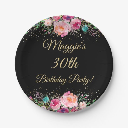 Pink Gold Watercolor Floral Black Birthday Party Pappteller (Vorderseite)
