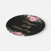 Pink Gold Watercolor Floral Black Birthday Party Pappteller (Schrägansicht)