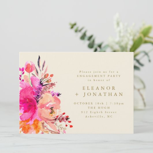 Pink Gold Watercolor Floral Chic Engagement Party Einladung (Stehend Vorderseite)