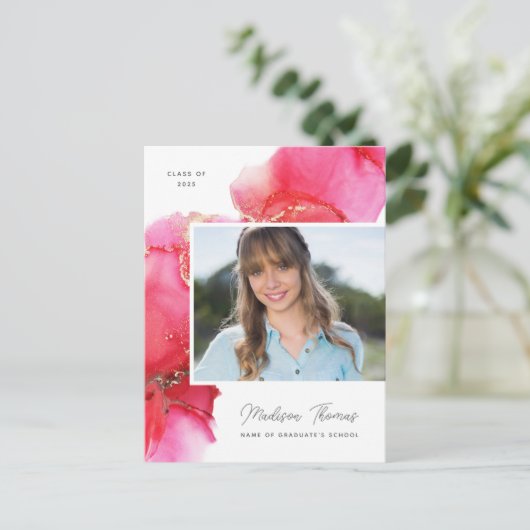 Pink Gold Watercolor Foto Abschluss Postkarte (Stehend Vorderseite)