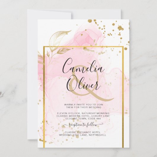 PINK GOLD WEDD Alkohol Tinte Abstrakt Einladung (Vorderseite)