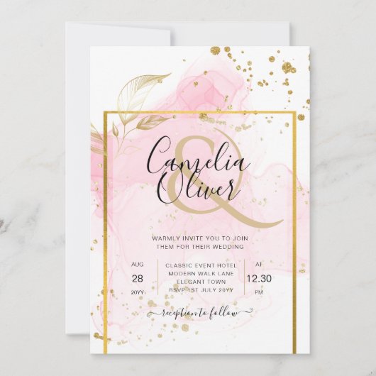 PINK GOLD WEDD Alkohol Tinte Abstrakt Einladung (Vorderseite)