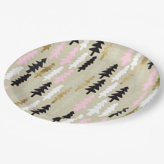 Pink & Gold Weihnachtsbaum Patten Papier Teller (Schrägansicht)