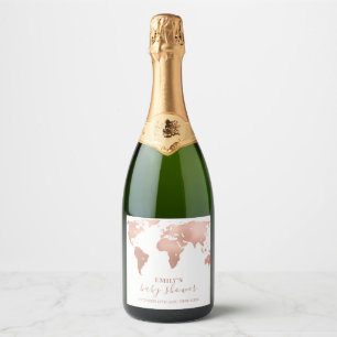 Pink Gold Weltkarte Reiseabenteuer Baby Shower Schaumweinetikett