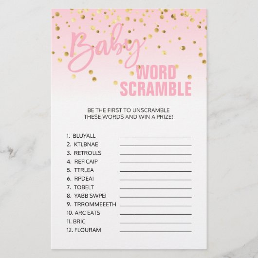 Pink Gold White Girl Baby Dusche WORD SCRAMBLE Flyer (Vorne)