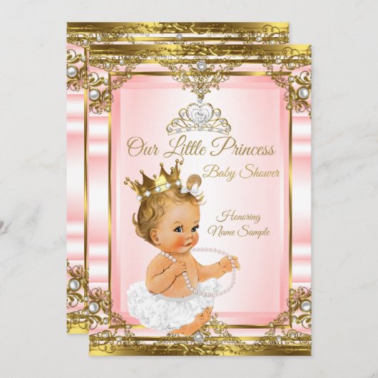 Pink Gold White Pearl Princess Baby Dusche Blonde Einladung (Vorne/Hinten)