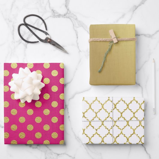 PINK GOLD WHITE POLKA DOTS & DIAMOND PATTERN GESCHENKPAPIER SET (Vorderseite)