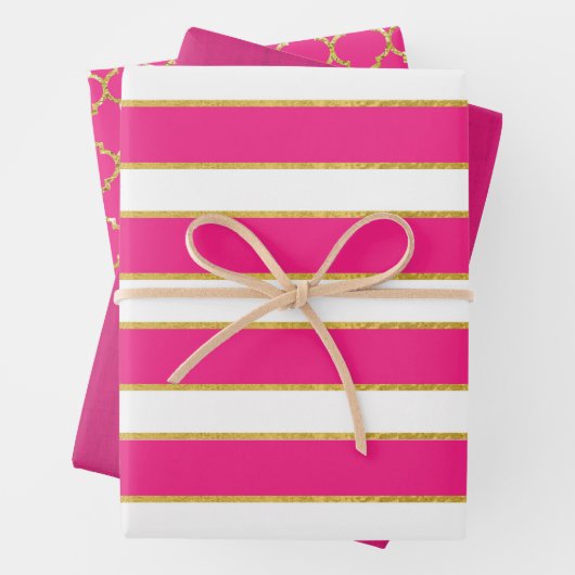 PINK GOLD WHITE STRIPES & DIAMOND PATTERN GESCHENKPAPIER SET (Beispiel)