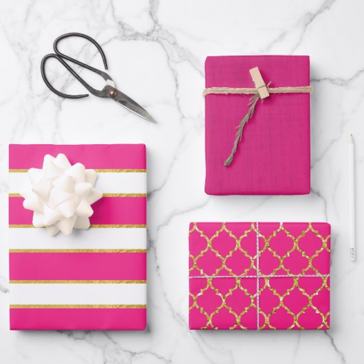 PINK GOLD WHITE STRIPES & DIAMOND PATTERN GESCHENKPAPIER SET (Vorderseite)