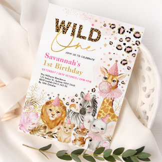 Pink Gold Wild One Safari Party Tiere Geburtstag Einladung