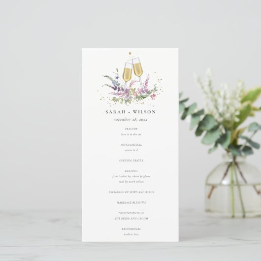 Pink Gold Wine Glasses Floral Wedding Program Dankeskarte (Stehend Vorderseite)